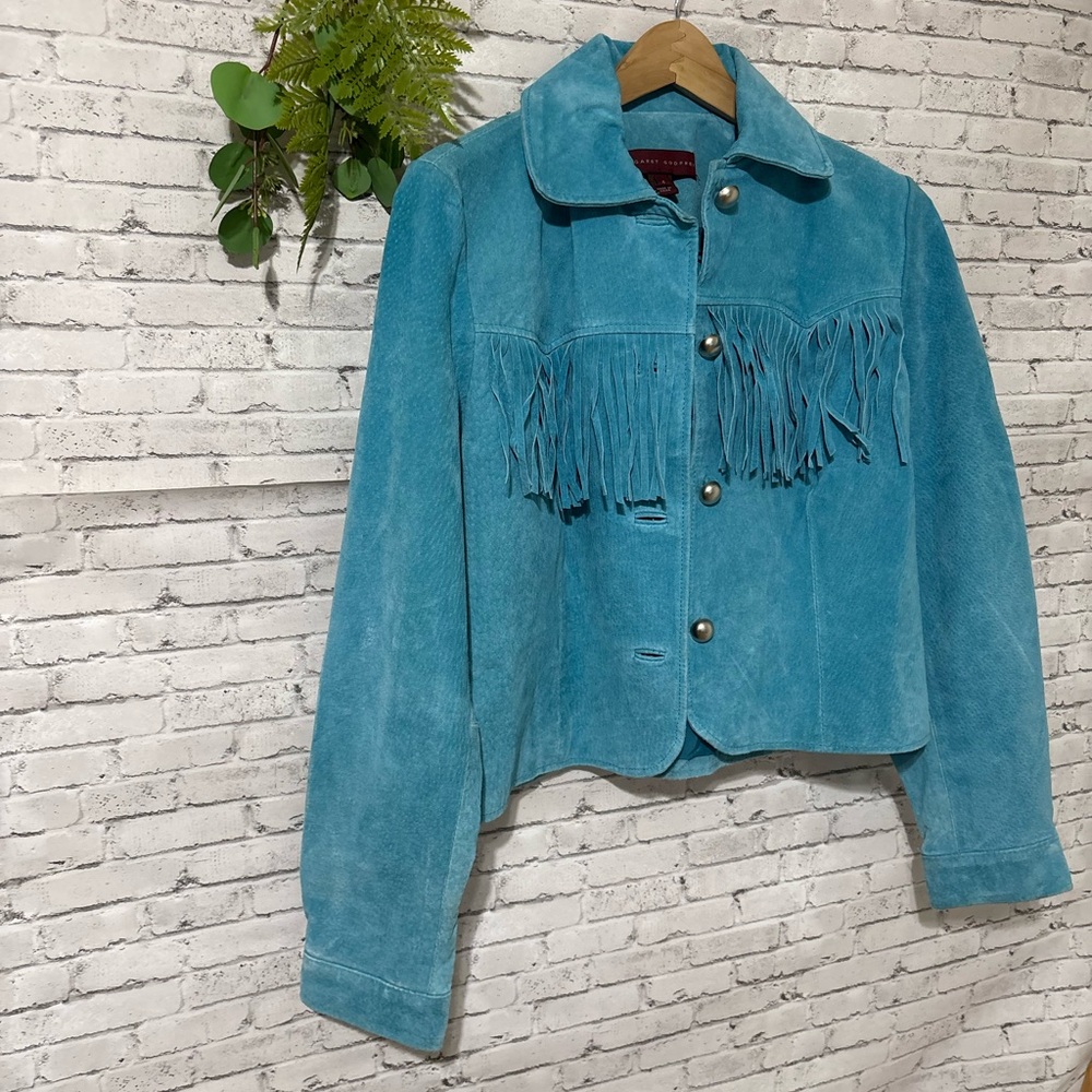 Vintage Margaret Godfrey Turquoise Suede Leather Fringe Western Rodeo Jacket - Picture 3 of 7